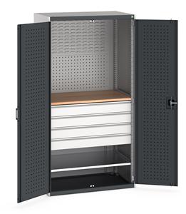 Bott cubio kitted cupboard with lockable steel perfo lined doors 1050mm wide x 650mm deep x 2000mm high.  Supplied with Perfo/Louvre back panels, 1 x wooden worktop, 1 x metal shelf and 4 drawers.   Shelf capacity 100kgs. Drawer Capacity 75kgs.  ... Bott 1050mm wide x 650mm deep pre Kitted cupboards with Shelves Drawers or Eurocontainers